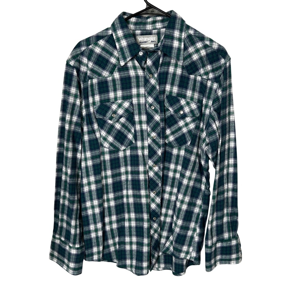 Wrangler Wrancher Shirt Blue and Green Plaid Pearly Snaps Men's Size Large - Picture 1 of 7